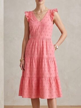 J.Crew Womens Coral Pink Eyelet Ruffle Tiered Midi Dress Size 00 V-Neck Cotton